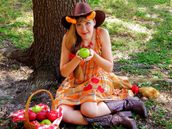 Size: 1024x768 | Tagged: safe, artist:vividlyvictoria, applejack, human, g4, apple, basket, clothes, cosplay, costume, food, irl, irl human, photo, picnic basket