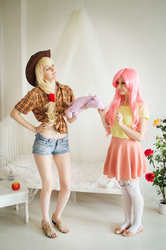 Size: 1331x2000 | Tagged: safe, artist:laura-row, applejack, fluttershy, human, pig, g4, apple, clothes, cosplay, costume, feet, food, irl, irl human, photo, plushie, sandals, toes