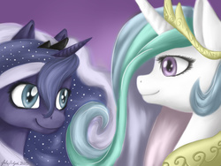 Size: 800x600 | Tagged: safe, artist:tierfarbe, princess celestia, princess luna, g4, bust, duo, gradient background, looking at each other, looking at someone, portrait, royal sisters, siblings, sisters, smiling
