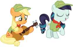 Size: 10000x6400 | Tagged: safe, artist:mpnoir, applejack, coloratura, g4, the mane attraction, .svg available, absurd resolution, acoustic guitar, adobe illustrator, camp friendship, clothes, eyes closed, female, filly, filly applejack, filly coloratura, guitar, hat, musical instrument, playing, raised hoof, rara, request, scout, simple background, singing, sitting, transparent background, vector