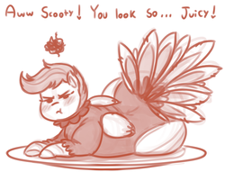 Size: 1280x979 | Tagged: safe, artist:secretgoombaman12345, scootaloo, pegasus, pony, turkey, ask chubby diamond, g4, blushing, butt, chubby, clothes, costume, dialogue, fat, female, filly, huge butt, large butt, plot, scootabutt, scootachicken, scootalard, scootaloo is not amused, scootaturkey, simple background, solo, thanksgiving, turkey costume, unamused, white background
