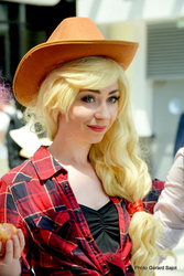 Size: 1024x1532 | Tagged: safe, artist:phobos-cosplay, applejack, human, g4, apple, clothes, cosplay, costume, food, irl, irl human, photo