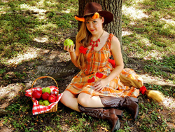 Size: 1024x768 | Tagged: safe, artist:vividlyvictoria, applejack, human, g4, apple, basket, clothes, cosplay, costume, food, irl, irl human, photo, picnic basket