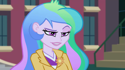 Size: 1366x768 | Tagged: safe, screencap, princess celestia, principal celestia, equestria girls, g4, my little pony equestria girls: friendship games, dreamworks face, female, lidded eyes, raised eyebrow, smiling, smirk, smuglestia, solo