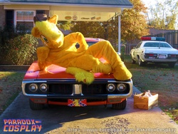 Size: 2000x1500 | Tagged: safe, artist:judhudson, applejack, human, anthro, unguligrade anthro, g4, arm hooves, car, clothes, confederate flag, cosplay, costume, crate, dodge (car), dodge charger, dodge monaco, dukes of hazzard, fursuit, general lee, irl, irl human, photo, police car, sultry pose