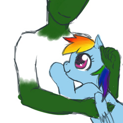 Size: 600x600 | Tagged: artist needed, source needed, safe, rainbow dash, oc, oc:anon, human, g4, cuddling, human on pony snuggling, snuggling