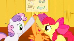 Size: 1366x768 | Tagged: safe, screencap, apple bloom, scootaloo, sweetie belle, g4, the show stoppers, cutie mark crusaders, hoofbump
