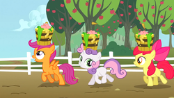 Size: 1366x768 | Tagged: safe, screencap, apple bloom, scootaloo, sweetie belle, g4, the show stoppers, animation error, bucket, cutie mark crusaders