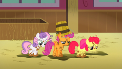 Size: 1366x768 | Tagged: safe, screencap, apple bloom, scootaloo, sweetie belle, earth pony, pony, g4, the show stoppers, cutie mark crusaders, messy