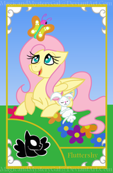 Size: 560x860 | Tagged: safe, artist:magicandmysterygal, angel bunny, fluttershy, butterfly, g4, card, flower