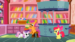 Size: 1366x768 | Tagged: safe, screencap, apple bloom, scootaloo, sweetie belle, g4, the show stoppers, cutie mark crusaders, no osha compliance, taffy, taffy puller, this will not end well