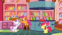 Size: 1366x768 | Tagged: safe, screencap, apple bloom, scootaloo, sweetie belle, g4, the show stoppers, cutie mark crusaders, hoofbump, taffy, taffy puller