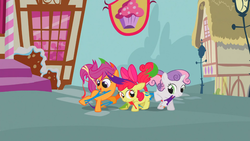 Size: 1366x768 | Tagged: safe, screencap, apple bloom, scootaloo, sweetie belle, g4, the show stoppers, cutie mark crusaders, sticky, stuck together, this will end in a long walk home