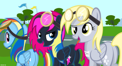 Size: 1024x554 | Tagged: safe, artist:noah-x3, derpy hooves, rainbow dash, oc, oc:neon flare, pegasus, pony, g4, wonderbolts academy, butt, female, group, mare, plot, show accurate, tongue out, wonderbolt trainee uniform