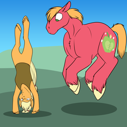 Size: 700x700 | Tagged: safe, artist:foxenawolf, applejack, big macintosh, earth pony, pony, g4, commission, confused, crossover, handstand, levitation, male, missing accessory, stallion, star wars, telekinesis, the force, unshorn fetlocks, upside down