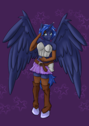 Size: 1024x1452 | Tagged: safe, artist:melliemel, princess luna, anthro, g4, alternate hairstyle, armor, clothes, female, gloves, midriff, skirt, socks, solo, spread wings, thigh highs, unconvincing armor