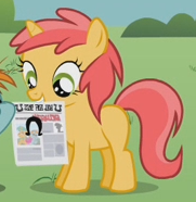 Size: 181x186 | Tagged: safe, screencap, firelock, pony, unicorn, g4, ponyville confidential, background pony, cropped, female, filly, firedorable, foal free press, mouth hold, newspaper, solo focus
