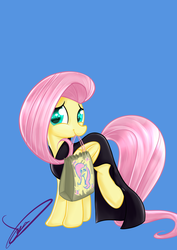 Size: 2893x4092 | Tagged: safe, artist:styber, fluttershy, pegasus, pony, g4, scare master, season 5, blue background, candy, clothes, dress, female, food, mouth hold, nightmare night, paper bag, signature, simple background, solo