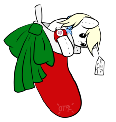 Size: 1280x1339 | Tagged: safe, artist:otpl, oc, oc only, oc:aryanne, armband, aryan pony, bowtie, christmas, christmas presents, cute, gift art, heart, name tag, plushie, present, simple background, sock, solo, toy, white background