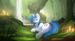 Size: 2500x1376 | Tagged: safe, artist:fuzzyfox11, dj pon-3, vinyl scratch, g4, bedroom eyes, female, forest, grass, looking at you, looking back, nature, outdoors, scenery, smiling, solo, waterfall