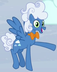 Size: 567x715 | Tagged: safe, screencap, fluffy clouds, pegasus, pony, g4, tanks for the memories, background pony, bowtie, cropped, flying, male, open mouth, solo, stallion