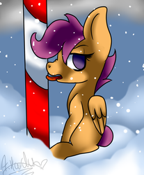 Size: 753x908 | Tagged: safe, artist:hyperponylover, scootaloo, g4, hearth's warming eve (episode), candy, candy cane, female, food, hearth's warming eve, nose wrinkle, pole, snow, snowfall, solo, stuck, tongue out, tongue stuck, tongue stuck to pole