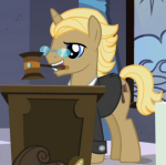 Size: 150x149 | Tagged: safe, screencap, golden gavel, vance van vendington, pony, unicorn, g4, sweet and elite, background pony, cropped, gavel, male, mouth hold, picture for breezies, solo, stallion