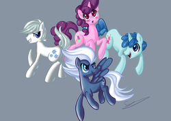 Size: 1599x1131 | Tagged: safe, artist:styber, double diamond, night glider, party favor, sugar belle, earth pony, pegasus, pony, unicorn, g4, season 5, the cutie map, digital art, equal four, female, gray background, group, male, mare, pose, simple background, stallion