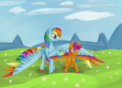 Size: 3656x2665 | Tagged: safe, artist:mjau124, rainbow dash, scootaloo, g4, high res, spread wings