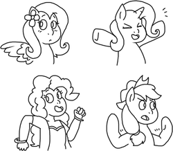 Size: 593x517 | Tagged: safe, artist:stocking-streams, applejack, fluttershy, pinkie pie, trixie, human, g4, humanized, monochrome, smiling