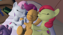 Size: 1920x1080 | Tagged: safe, artist:viranimation, apple bloom, scootaloo, sweetie belle, g4, 3d, bed, cuddling, cute, cutie mark, cutie mark crusaders, sleeping, snuggling, the cmc's cutie marks