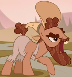 Size: 609x652 | Tagged: safe, screencap, grub hooffield, earth pony, pony, g4, the hooffields and mccolts, angry, beard, clothes, cropped, facial hair, hat, hooffield family, male, moustache, open mouth, raised hoof, sepia, solo, stallion