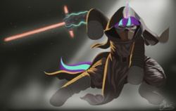 Size: 1652x1044 | Tagged: safe, artist:oinktweetstudios, starlight glimmer, g4, crossguard lightsaber, knights of ren, kylo ren, lightsaber, sithlight glimmer, star wars, star wars: the force awakens, weapon