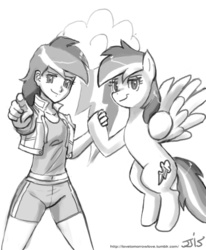 Size: 800x970 | Tagged: safe, artist:johnjoseco, rainbow dash, human, pegasus, pony, g4, belly button, clothes, female, grayscale, human ponidox, humanized, looking at you, mare, midriff, monochrome, pointing, shorts, smiling