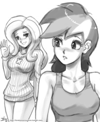 Size: 800x970 | Tagged: safe, artist:johnjoseco, fluttershy, rainbow dash, human, g4, bedroom eyes, blushing, clothes, female, grayscale, humanized, lesbian, looking back, monochrome, no panties, ship:flutterdash, shipping, smiling, sweater, sweatershy, waving