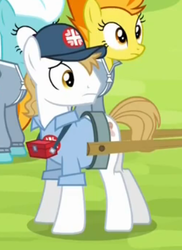 Size: 314x431 | Tagged: safe, screencap, fleetfoot, hermes (g4), spitfire, pegasus, pony, g4, rainbow falls, background pony, cart, female, harness, hat, male, mare, stallion, tack, warmup suit