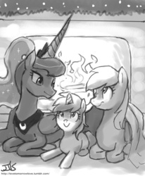 Size: 800x970 | Tagged: safe, artist:johnjoseco, derpy hooves, dinky hooves, princess luna, pegasus, pony, g4, blanket, cozy, female, fireplace, grayscale, lesbian, mare, monochrome, ship:lunaderp, shipping