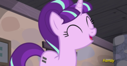 Size: 1589x824 | Tagged: safe, screencap, starlight glimmer, pony, unicorn, g4, the cutie map, cute, discovery family logo, equal cutie mark, eyes closed, female, glimmerbetes, happy, introduction, mare, open mouth, s5 starlight, smiling, solo, when she smiles