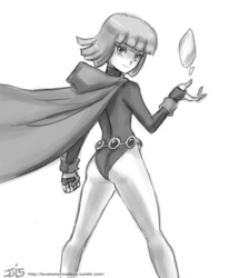 Size: 800x970 | Tagged: safe, artist:johnjoseco, maud pie, human, g4, ass, butt, clothes, cosplay, costume, female, grayscale, humanized, monochrome, raven (dc comics), simple background, solo, teen titans, white background