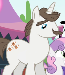 Size: 407x476 | Tagged: safe, screencap, hondo flanks, sweetie belle, pony, unicorn, g4, inspiration manifestation, cropped, facial hair, male, moustache, solo focus, stallion