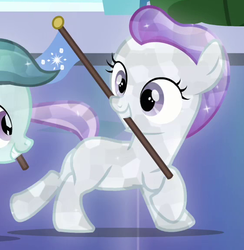 Size: 563x578 | Tagged: safe, screencap, glass slipper, hope (g4), crystal pony, pony, g4, games ponies play, background pony, cropped, female, filly, flag, mouth hold, running, solo focus