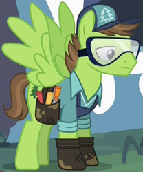 Size: 416x500 | Tagged: safe, screencap, douglas spruce, evergreen, pegasus, pony, g4, princess spike, background pony, clothes, goggles, hat, male, shirt, solo, spread wings, stallion, wings