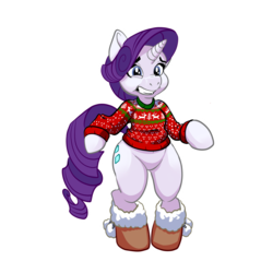 Size: 1280x1280 | Tagged: safe, artist:pippy, rarity, pony, reindeer, g4, belly button, bipedal, boots, christmas, christmas sweater, clothes, featureless crotch, female, horrified, inner conflict, it burns, kill me, no pants, present, simple background, solo, sweater, tacky, transparent background, tree, wince