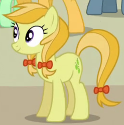 Size: 260x263 | Tagged: safe, screencap, jonagold, marmalade jalapeno popette, earth pony, pony, apple family reunion, g4, apple family member, background pony, bow, cropped, female, hair bow, mare, solo focus, tail bow