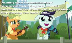 Size: 1153x692 | Tagged: safe, screencap, applejack, coloratura, g4, the mane attraction, i see fire (song), rara, singing, the hobbit, younger