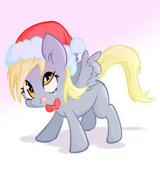 Size: 1554x1704 | Tagged: source needed, safe, artist:ogebo-go, derpy hooves, pegasus, pony, g4, blank flank, bow, cute, derpabetes, ear fluff, female, filly, filly derpy, gradient background, happy, hat, merry christmas, santa hat, solo, spread wings, tongue out, weapons-grade cute, wings, younger