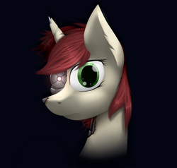 Size: 1493x1421 | Tagged: safe, artist:marsminer, oc, oc only, oc:velvet pastry, cyborg, pony, unicorn, blood, bust, damaged, female, looking at you, mare, portrait, terminator