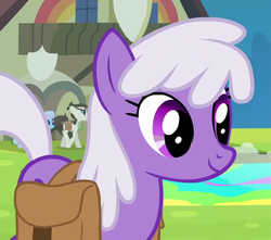 Size: 614x542 | Tagged: safe, screencap, gizmo, lavender august, linky, shoeshine, earth pony, pony, g4, trade ya!, background pony, cropped, female, gyro, male, mare, recolor, saddle bag, smiling, solo focus, stallion