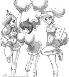 Size: 1000x1113 | Tagged: safe, artist:johnjoseco, allie way, princess cadance, princess luna, human, g4, alliebetes, armpits, belly button, cheerleader, clothes, converse, cute, cutedance, female, grayscale, humanized, looking at you, lunabetes, midriff, monochrome, open mouth, shoes, skirt, smiling, sneakers