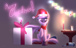 Size: 2200x1375 | Tagged: safe, artist:d-sixzey, twilight sparkle, alicorn, pony, g4, christmas, clothes, cookie, cute, female, food, hat, mare, milk, neon, santa hat, scarf, solo, twilight sparkle (alicorn)